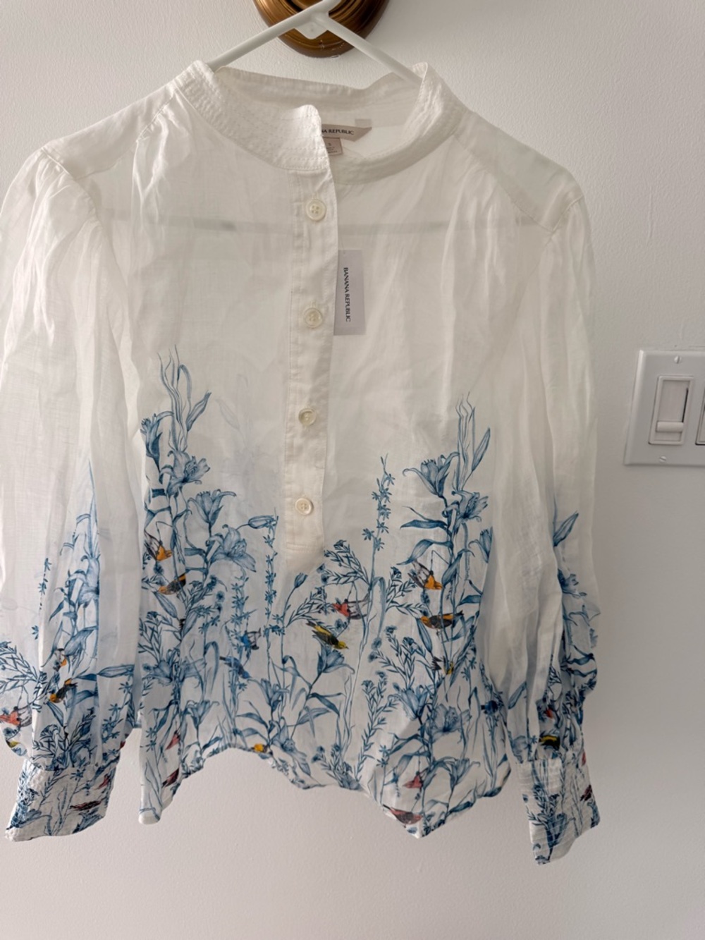 Banana Republic White Blouse with Blue Botanical & Bird Print
